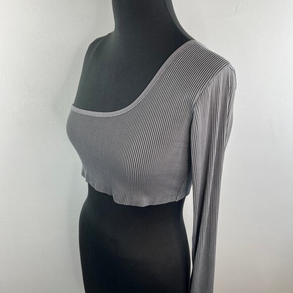 Maniere De Voir Gray Cropped Top Stretch Rib One Shoulder Pullover Top Size 12 - Picture 7 of 10